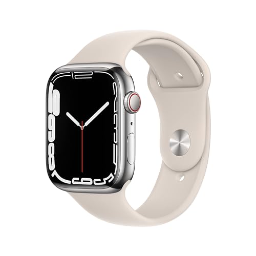 Apple Watch Series 7 (GPS + Cellular, 45MM) Silver Stainless Steel Case with Starlight Sport Band - MKJD3LL/A