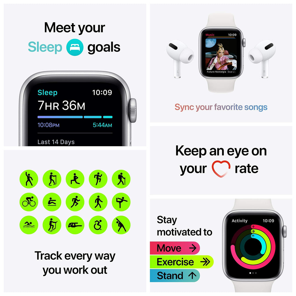 Apple Watch SE (GPS + Cellular) 44mm Silver Aluminum Case with White Sport Band - Silver - (2020) - MYEM2LL/A