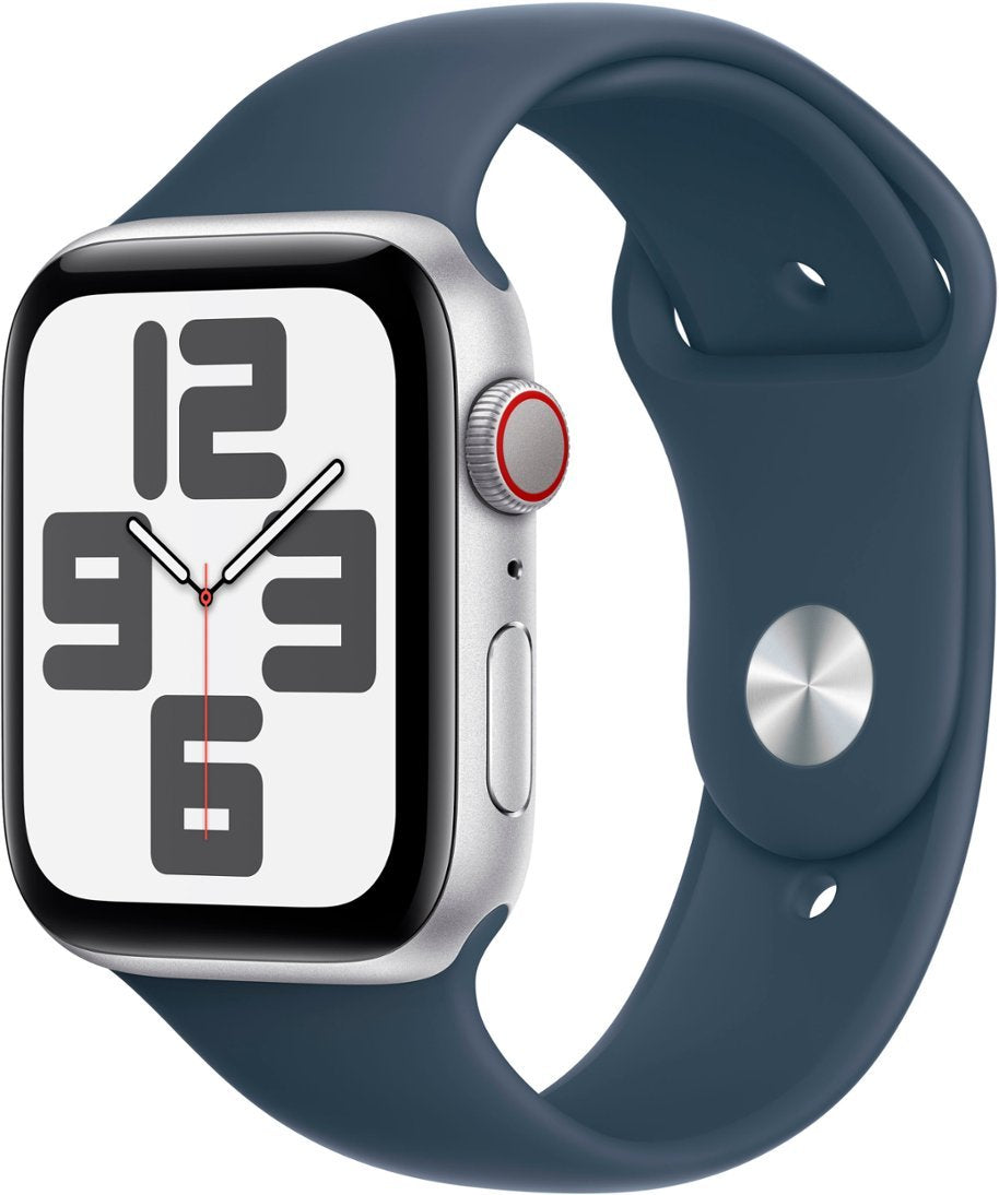 Apple Watch SE 2nd Generation (GPS + Cellular) 44mm Silver Aluminum Case with Storm Blue Sport Band S/M - MRHE3LL/A