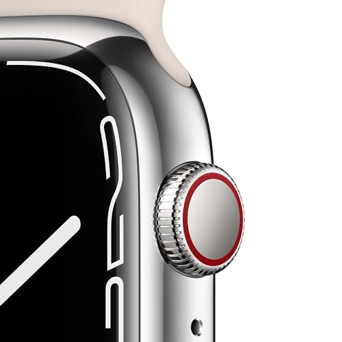 Apple Watch Series 7 (GPS + Cellular, 45MM) Silver Stainless Steel Case with Starlight Sport Band - MKJD3LL/A